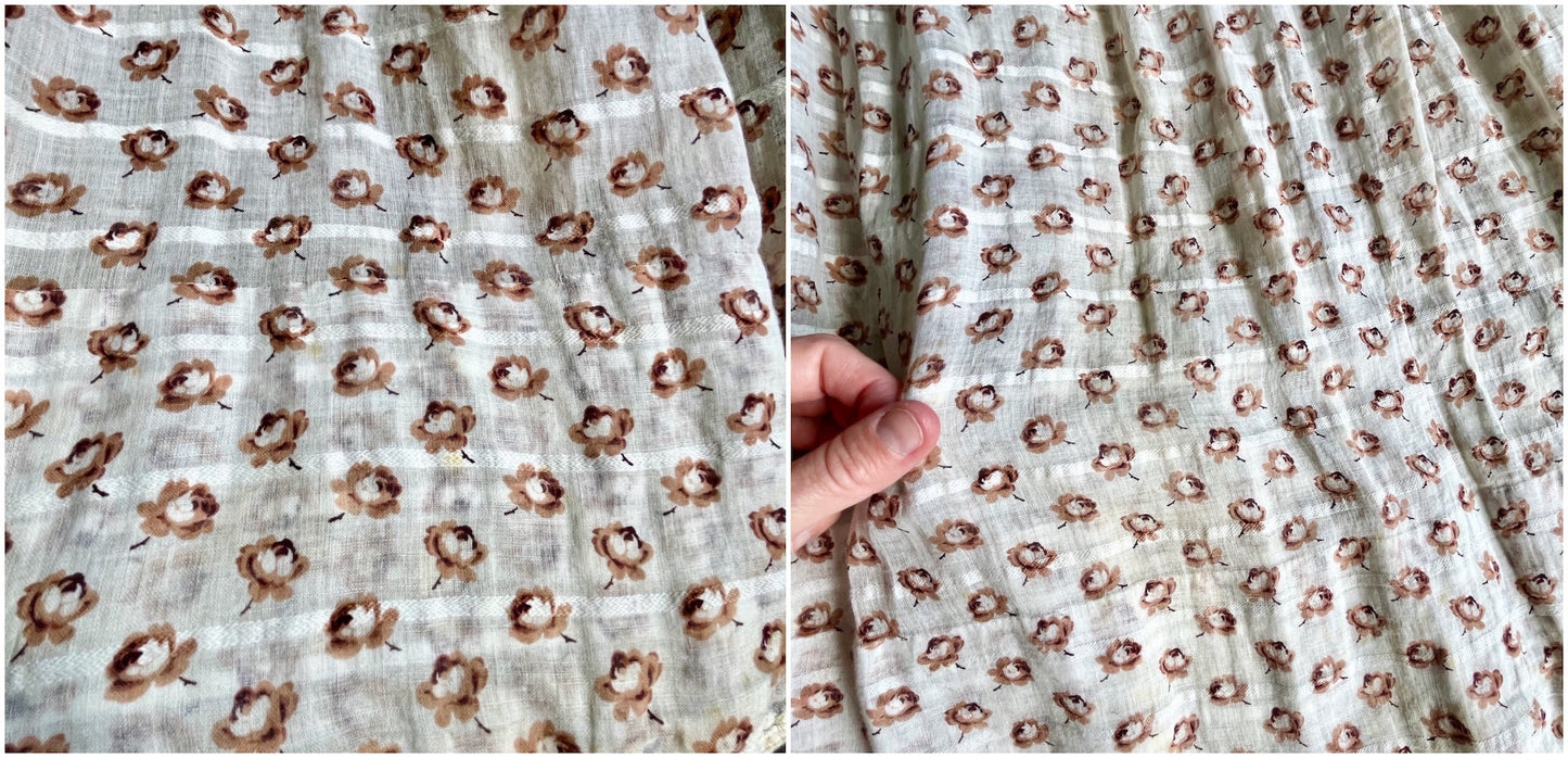Antique 1850s Victorian Printed Rosebud Cotton Dress with Pagoda Sleeves & Fan Front, XS