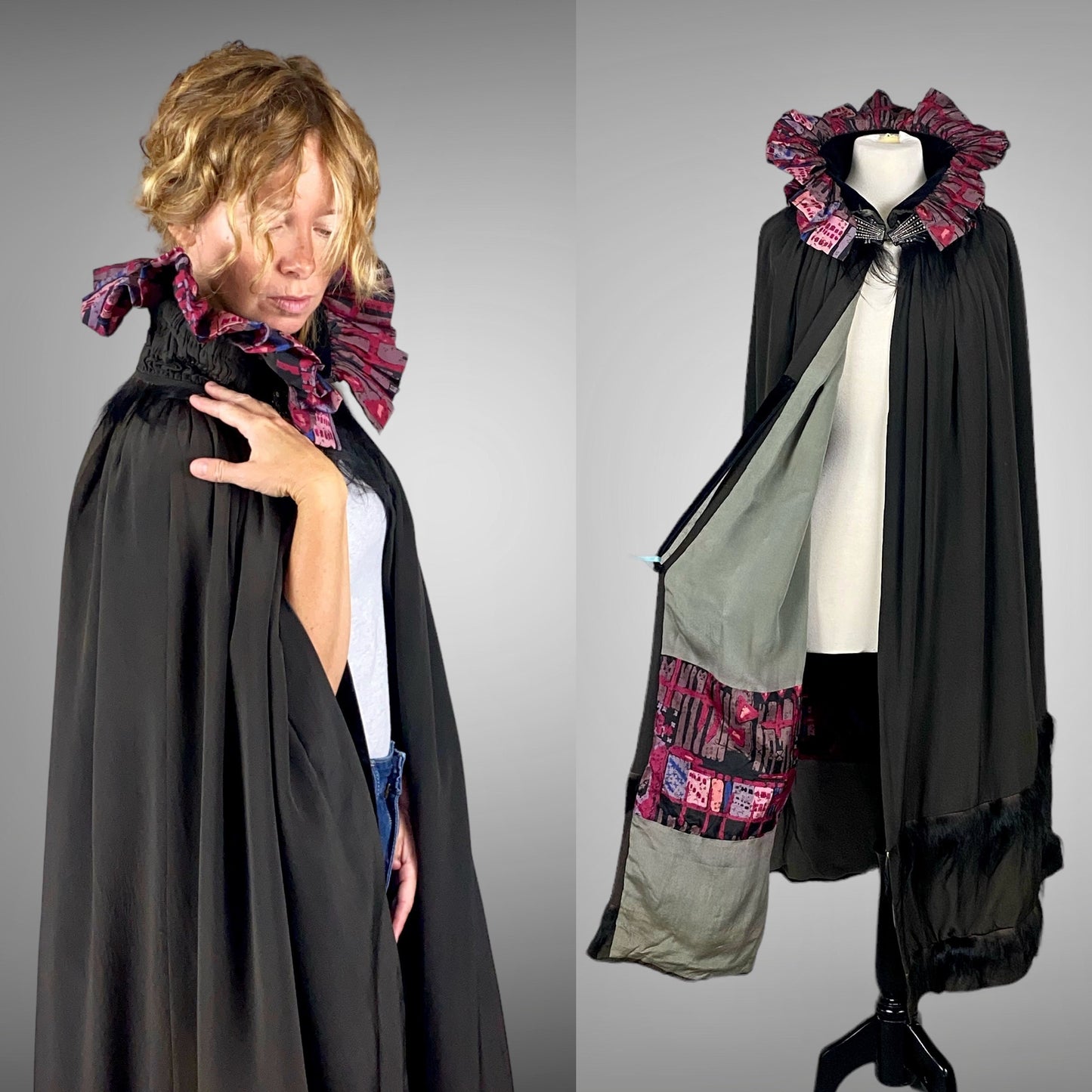 Vintage 1920s Geometric Batik Print Silk Opera Cape with Rhinestone Deco Clasp