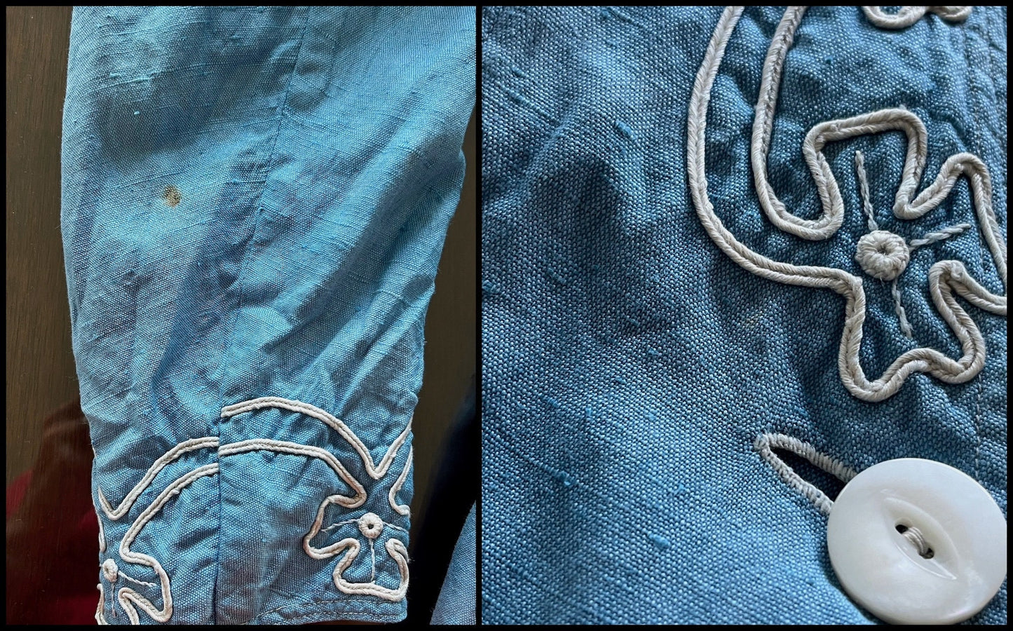 Antique c. 1900–1905 Edwardian Walking Suit, Blue Linen Jacket & Striped Cotton Skirt, XS/S