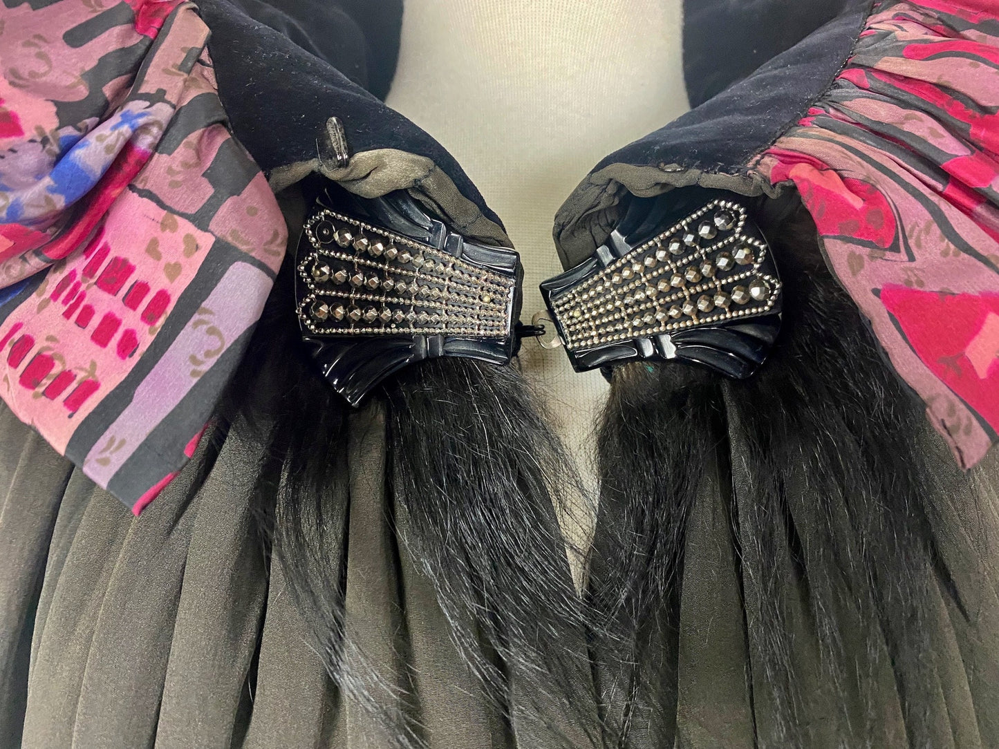 Vintage 1920s Geometric Batik Print Silk Opera Cape with Rhinestone Deco Clasp