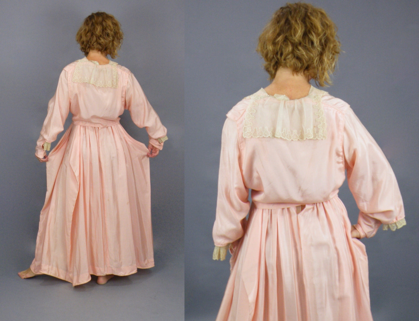 Antique Edwardian 1900s Pink Silk Dress with Lace Trim, Dagger Collar & Bishop Sleeves, XS