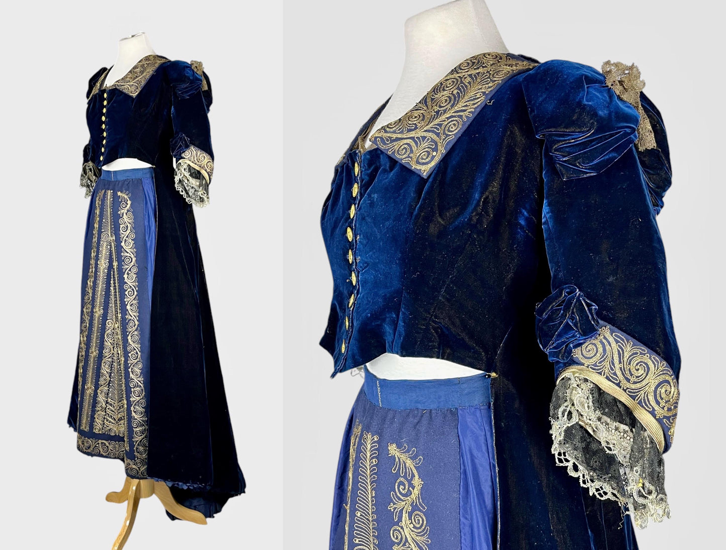 Antique Victorian Sapphire Blue Velvet Skirt & Cutaway Bodice Jacket with Gold Bullion Soutache Embroidery, Historical Costume, Medium