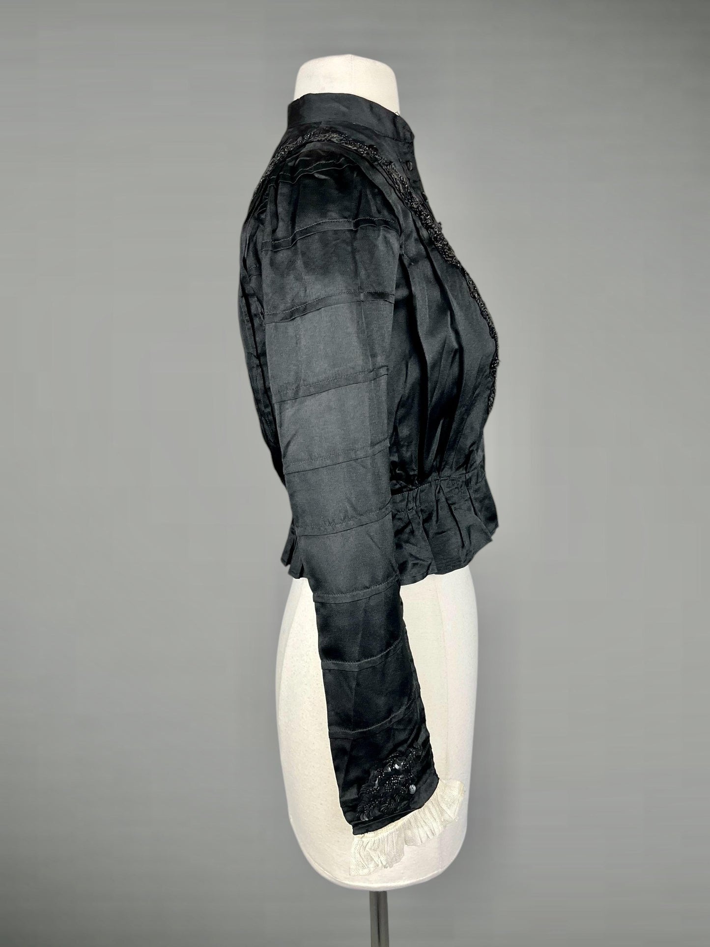 Antique Edwardian 1900s Beaded & Sequined Black Silk Blouse, XS–S