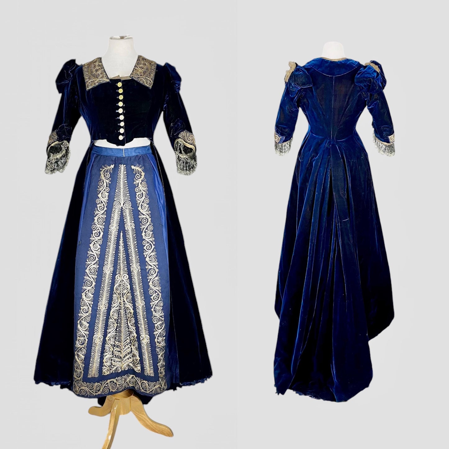 Antique Victorian Sapphire Blue Velvet Skirt & Cutaway Bodice Jacket with Gold Bullion Soutache Embroidery, Historical Costume, Medium