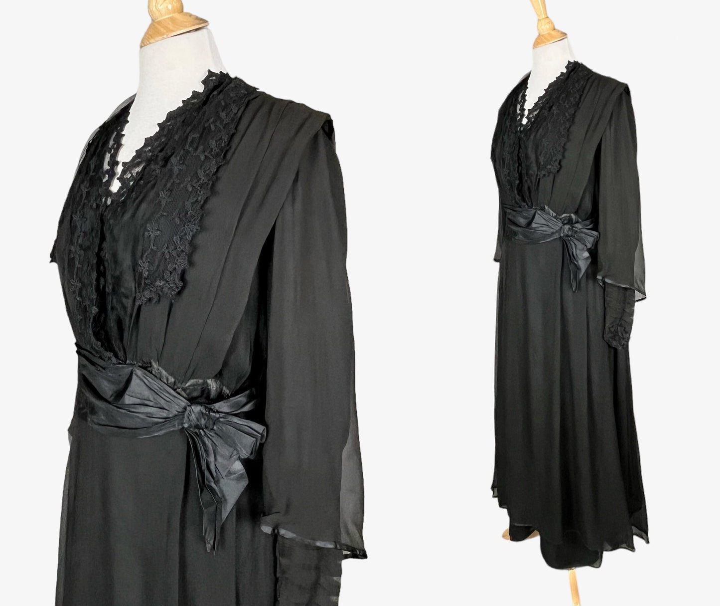 Antique Edwardian 1910s Black Silk Chiffon Embroidered Net Dress with Tiered Sleeves, Medium