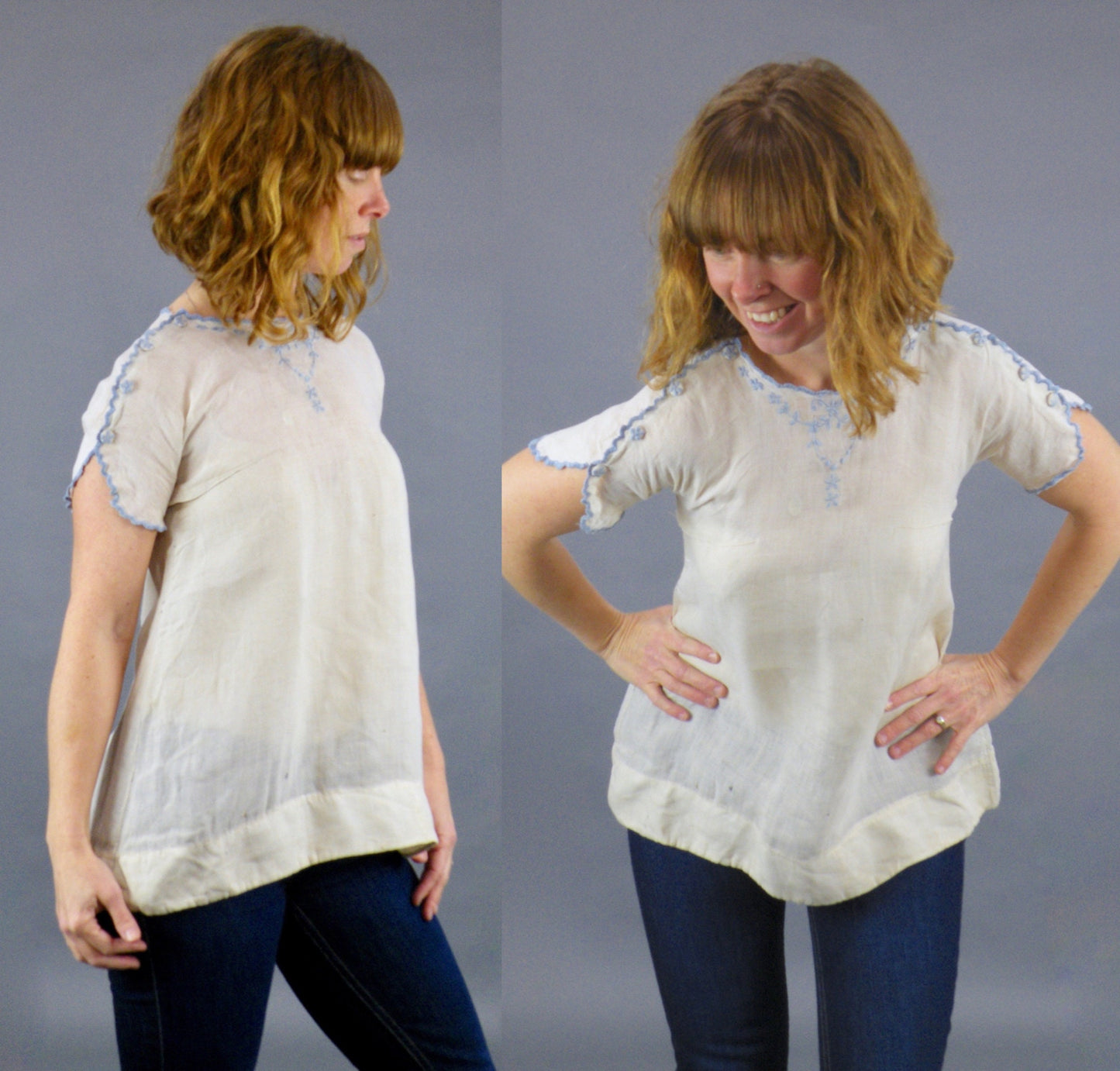 Late 1910s–Early 1920s Embroidered Blouse with Shoulder Button Snaps, XS