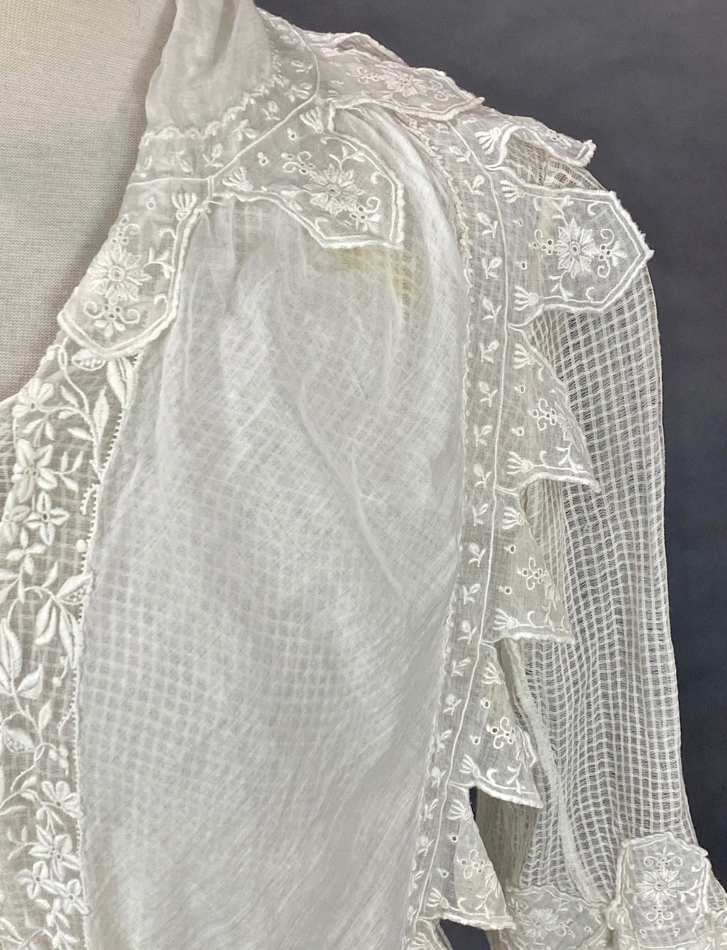 Antique Edwardian 1910s Sheer White Cotton Lingerie Dress with Embroidery, Medium 28" Waist