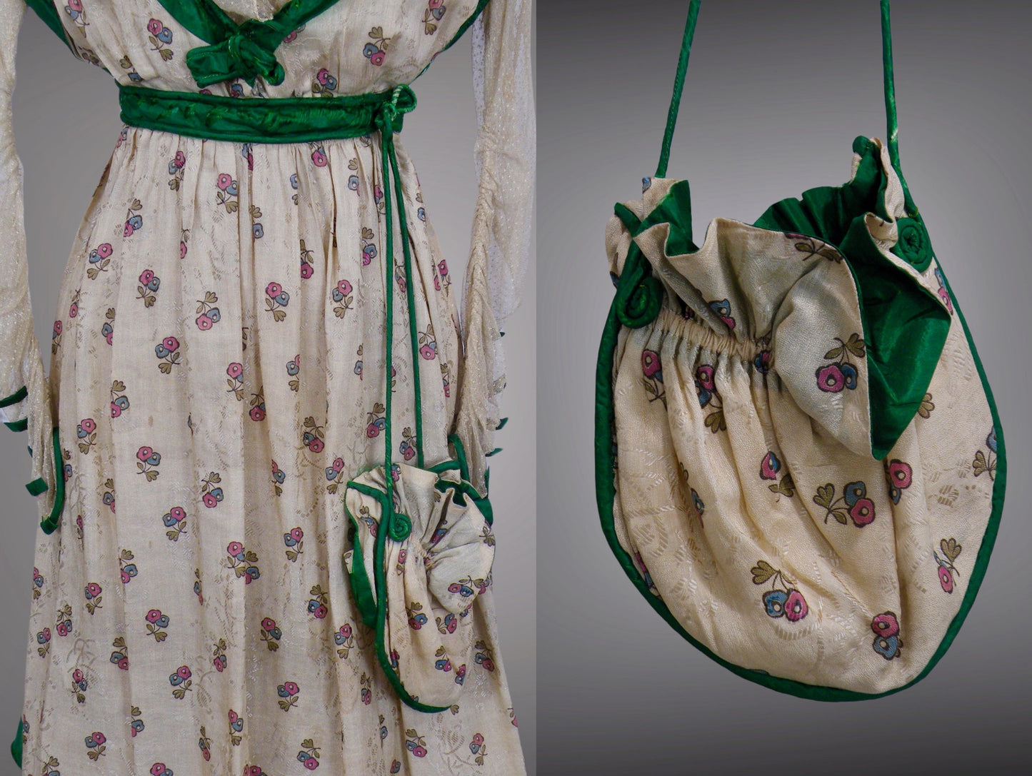 Antique 1900s Edwardian Floral Print Dress with Green Silk Trim & Matching Reticule Purse, XS