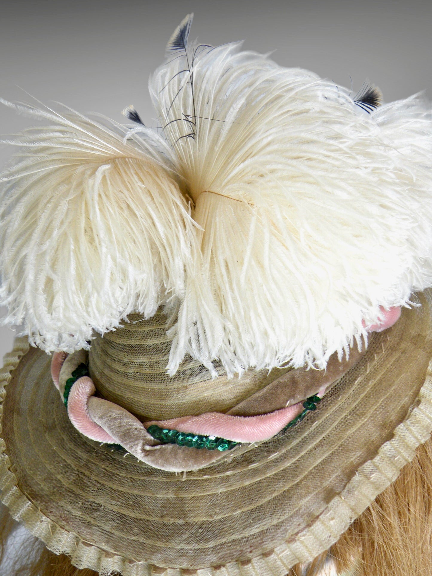 Vintage 1940s Ostrich Feather Fascinator Hat with Sequins & Velvet Trim, 40s Mini Perch Hat