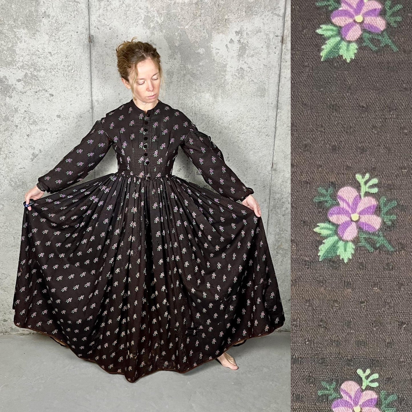 Antique 1850s Victorian Floral Printed Day Dress, 19th Century, XS/S