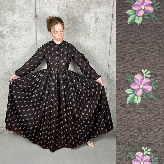 Antique 1850s Victorian Floral Printed Day Dress, 19th Century, XS/S