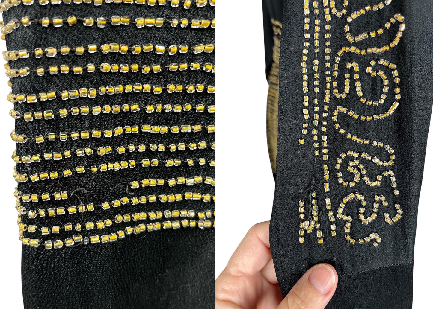 Vintage 1920s Black Silk Gold Beaded Dress with Belt, Art Deco 20s, S/M–M