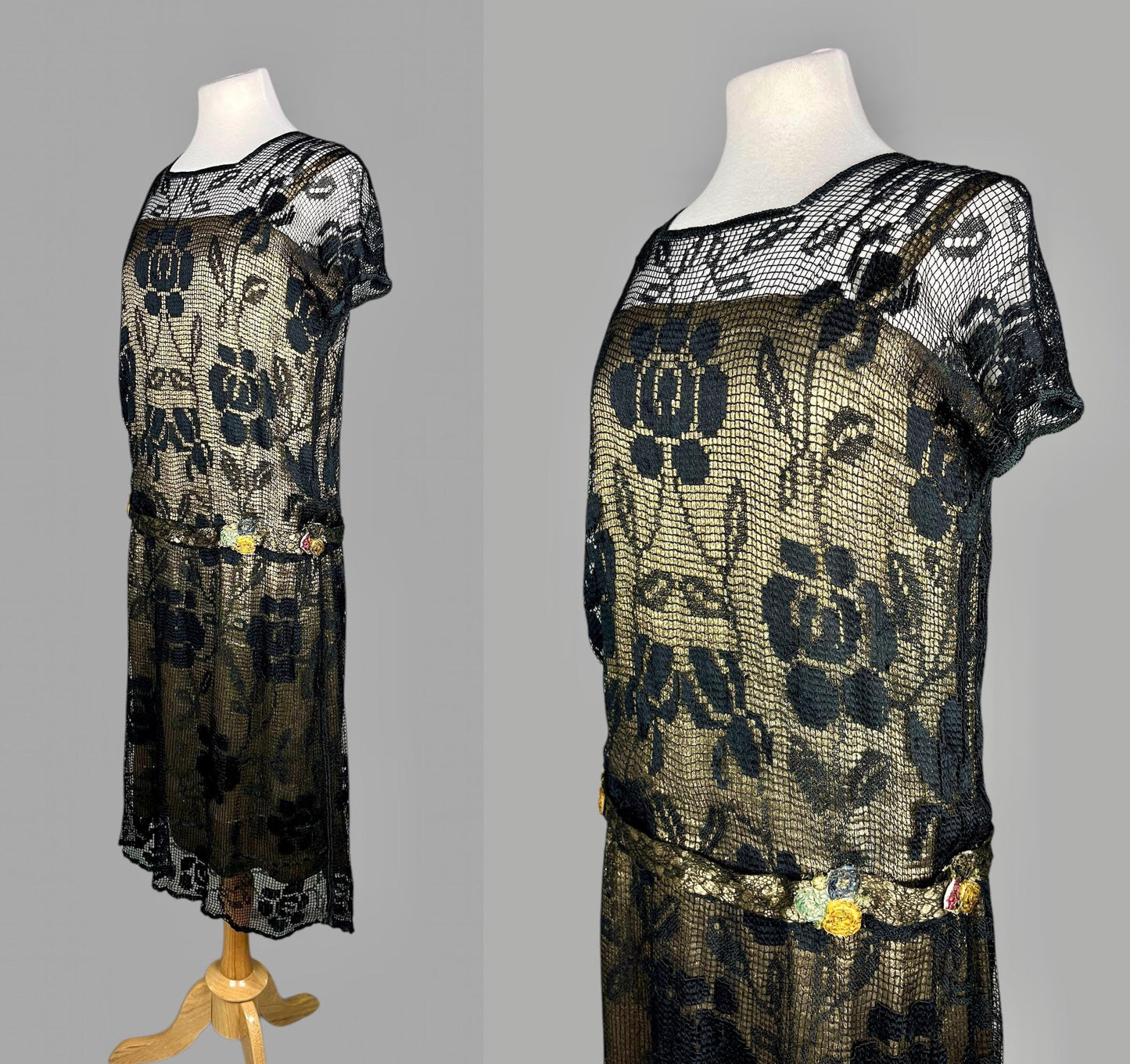 Vintage 1920s Black Filet Lace Flapper Dress with Gold Lamé Underlay & Ribbonwork Flowers, S/M