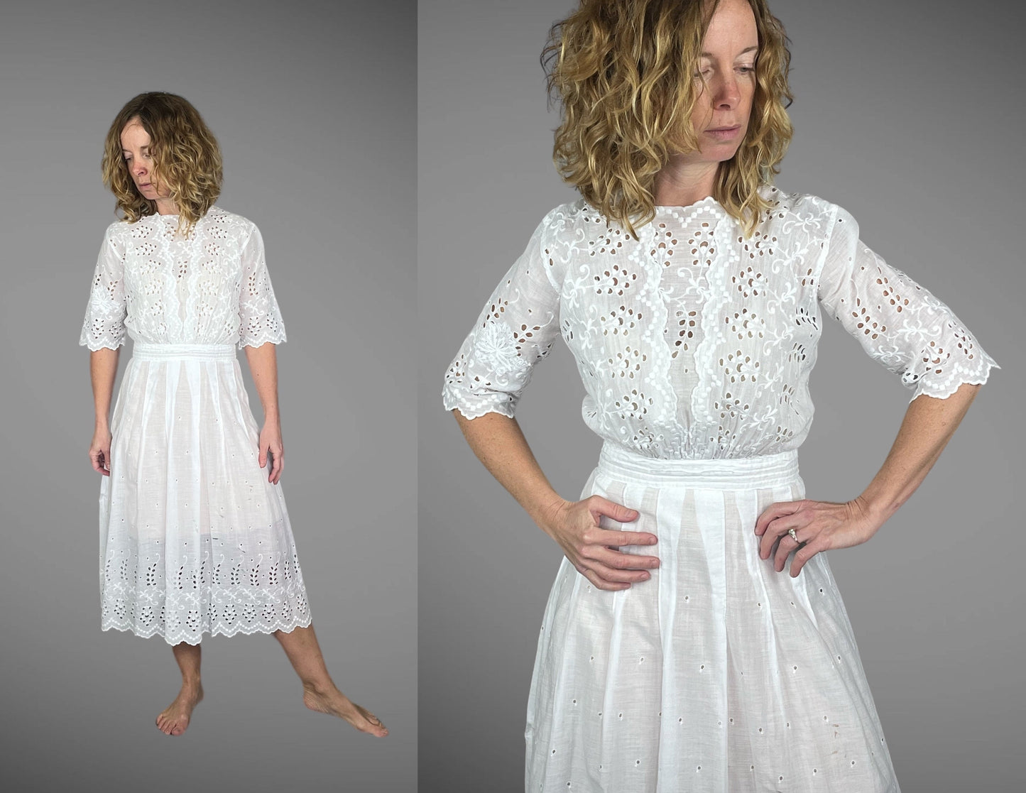 Antique 1910s White Cotton Eyelet Dress, XS