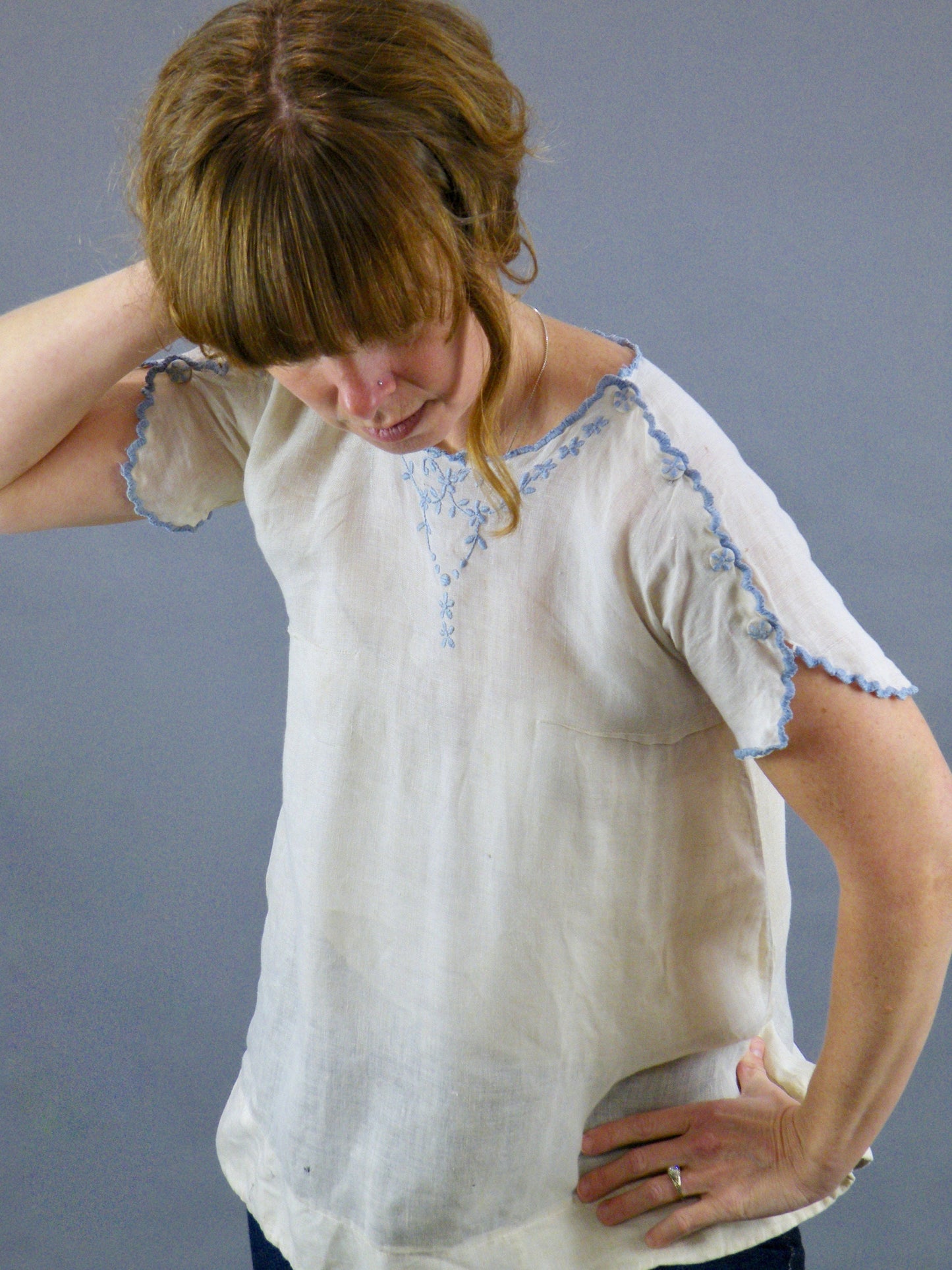 Late 1910s–Early 1920s Embroidered Blouse with Shoulder Button Snaps, XS