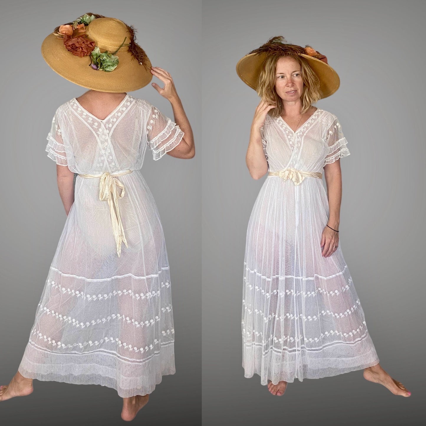 Antique 1910s White Embroidered Net Lace Edwardian Dress with Ruffle Sleeves, XS