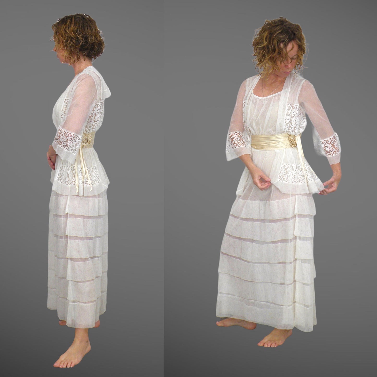 Antique 1910s Edwardian White Net Lace Tiered Dress with Silk Waistband, XXS