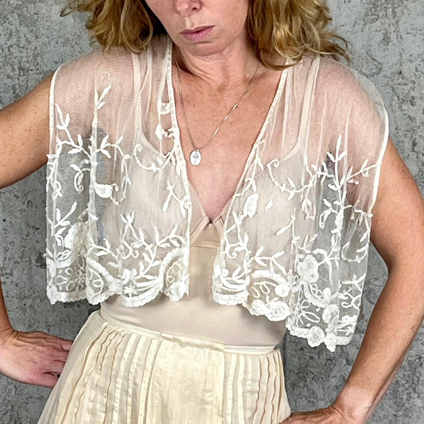 Antique 1900s Edwardian Embroidered Net Lace Top, Sheer Sleeveless Floral Bridal Layer