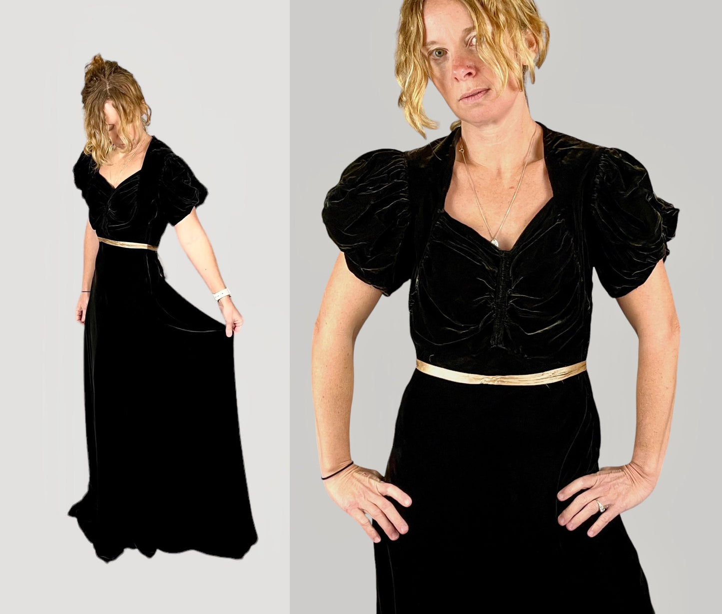 Vintage 1930s Dark Bronze Puffed Sleeve Silk Velvet Evening Dress, Small