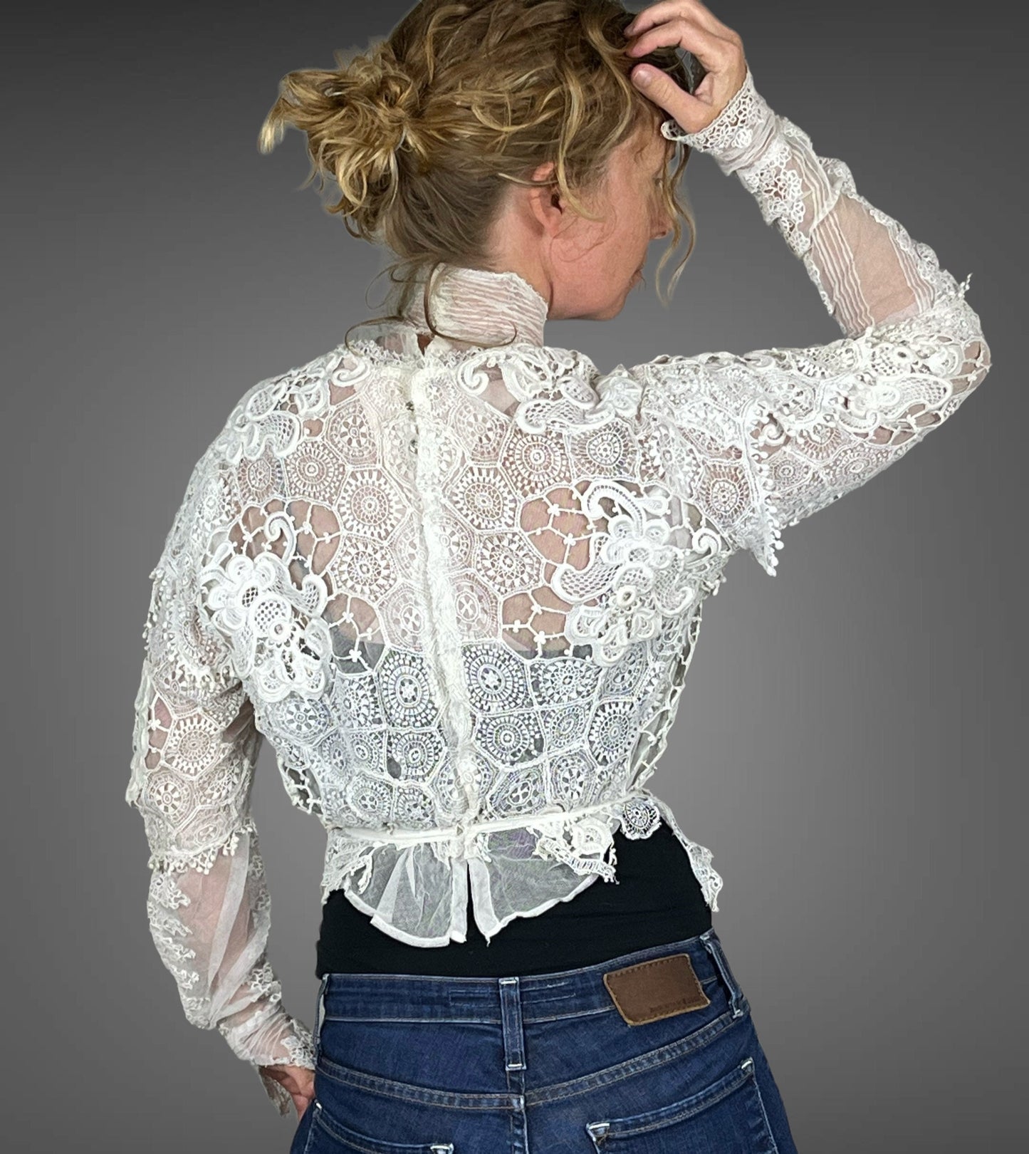1900s Victorian Edwardian Mixed Lace Antique Blouse, XS 23 Waist