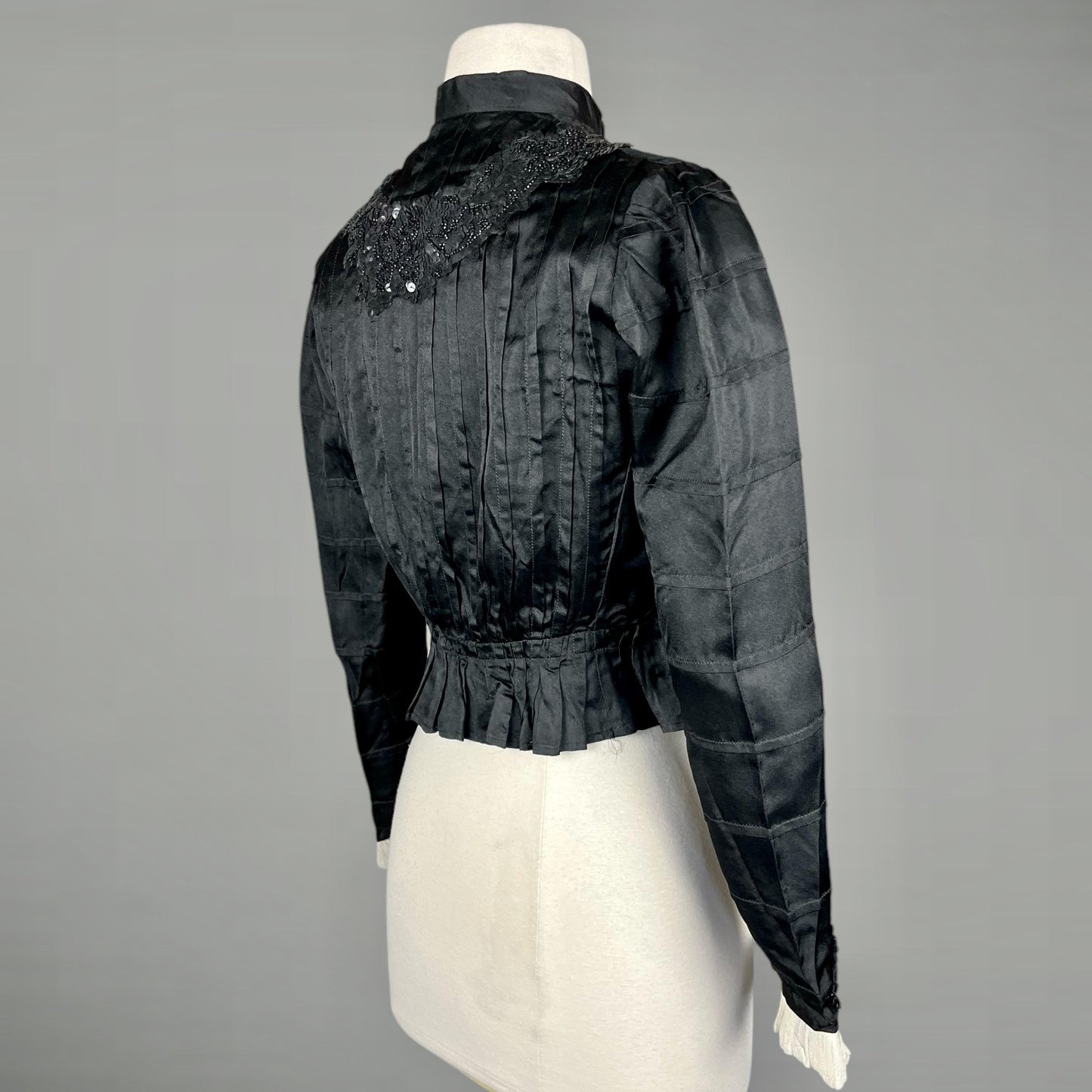 Antique Edwardian 1900s Beaded & Sequined Black Silk Blouse, XS–S