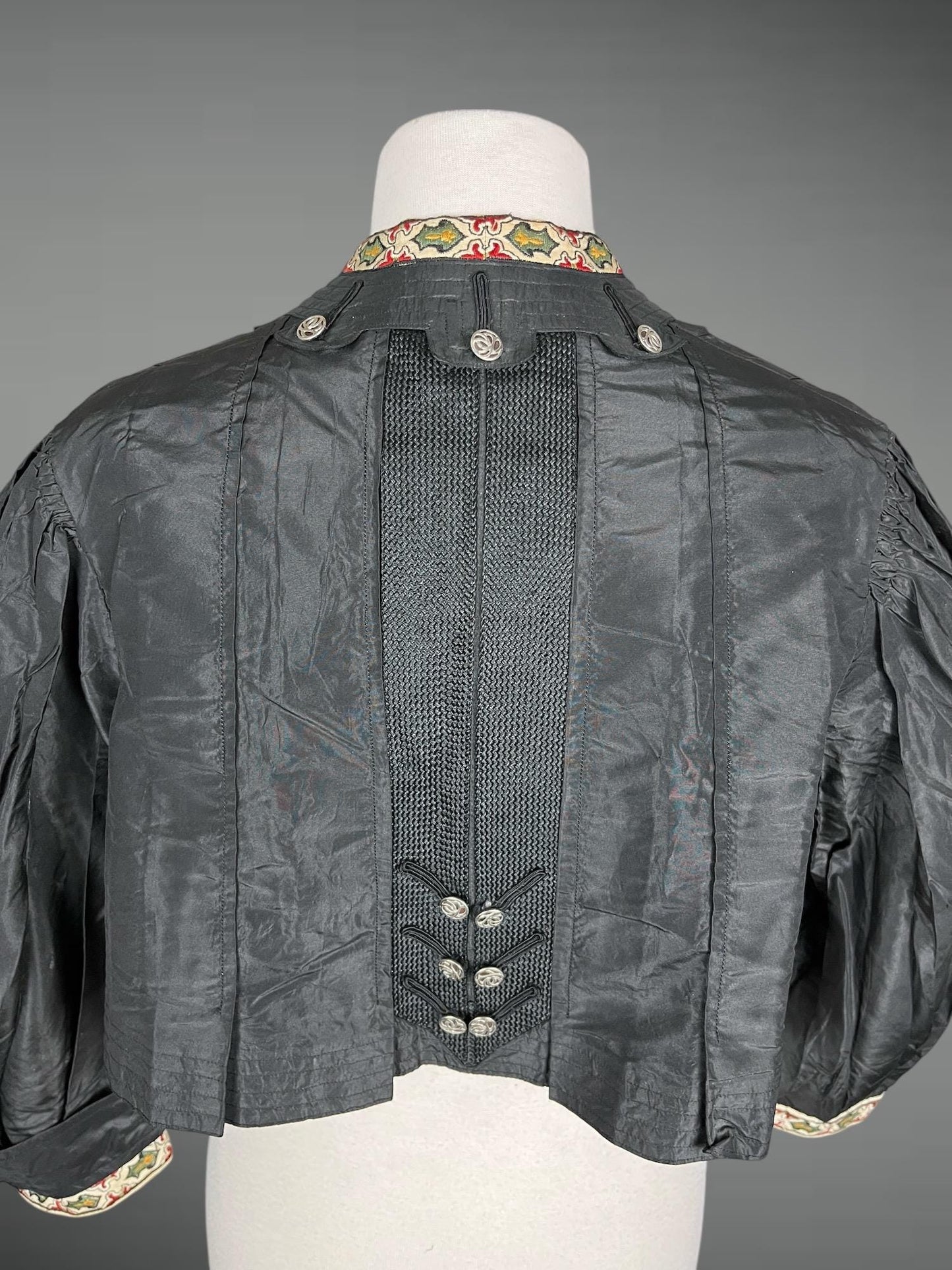 Antique 1900s Edwardian Black Silk Eton Jacket with Embroidered Trim, Folk-Influenced Historic Costume, M–L