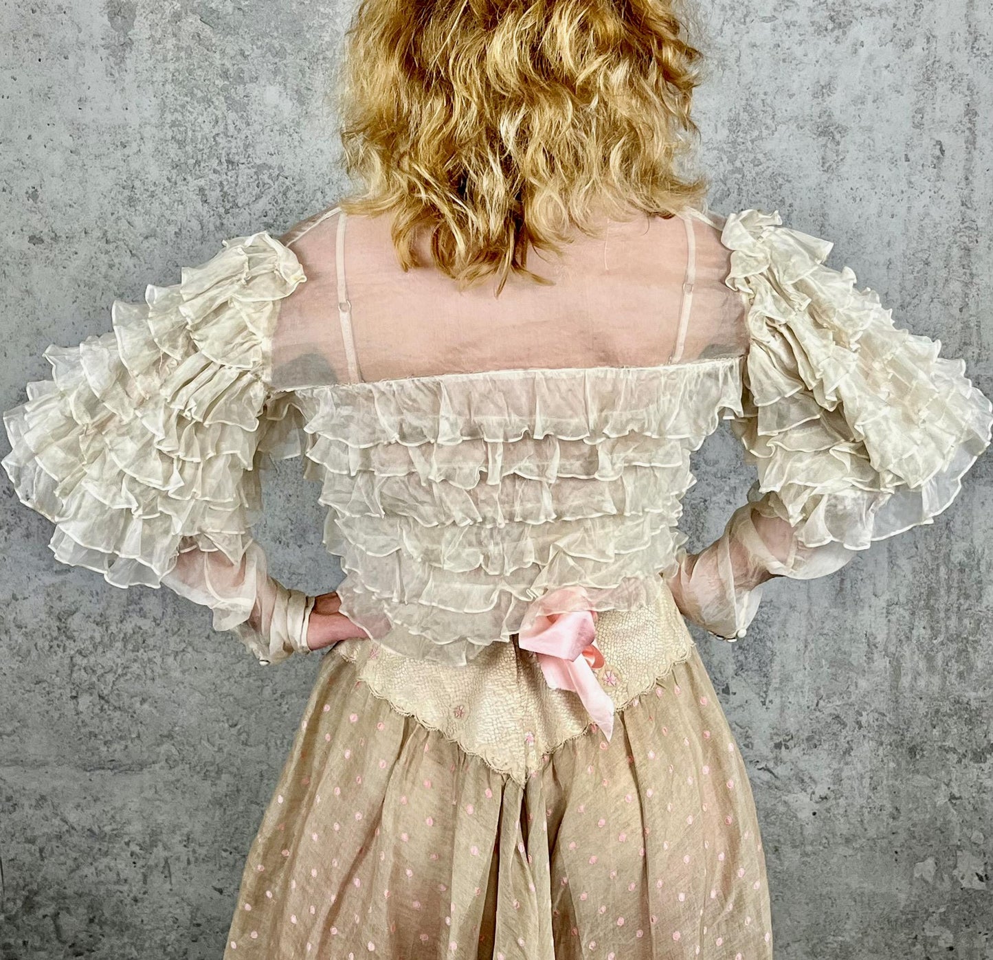 Vintage 1930s Sheer Silk Blouse with Leg-of-Mutton Sleeves & Tiered Ruffles, XS–Small