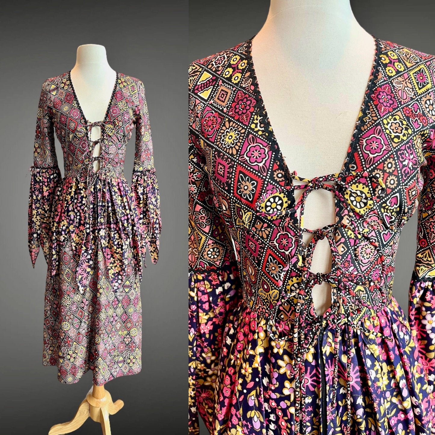 Vintage 1960s Floral Tie Plunging Neckline Woodstock Dress with Petal Sleeves & Peplum, XS