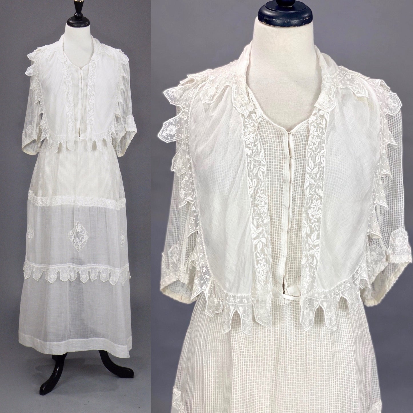 Antique Edwardian 1910s Sheer White Cotton Lingerie Dress with Embroidery, Medium 28" Waist