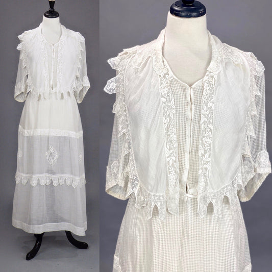 Antique Edwardian 1910s Sheer White Cotton Lingerie Dress with Embroidery, Medium 28" Waist