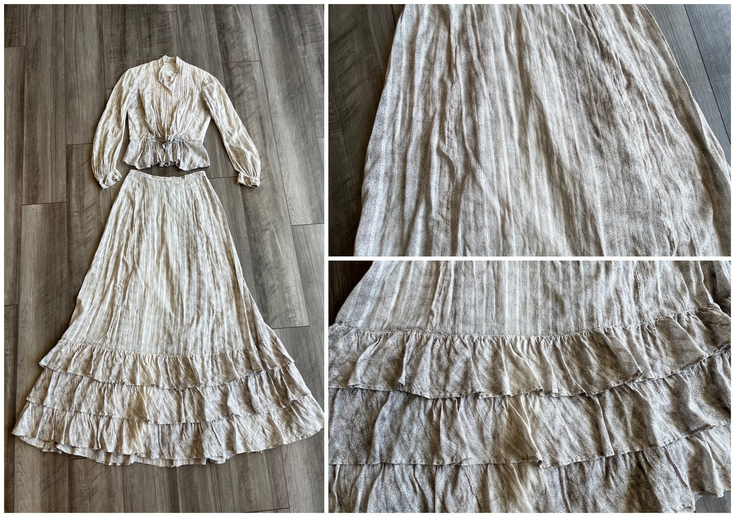 Antique Edwardian 1900s Printed Cotton Gibson Girl Dress, Tiered Skirt & Blouse Set, Small