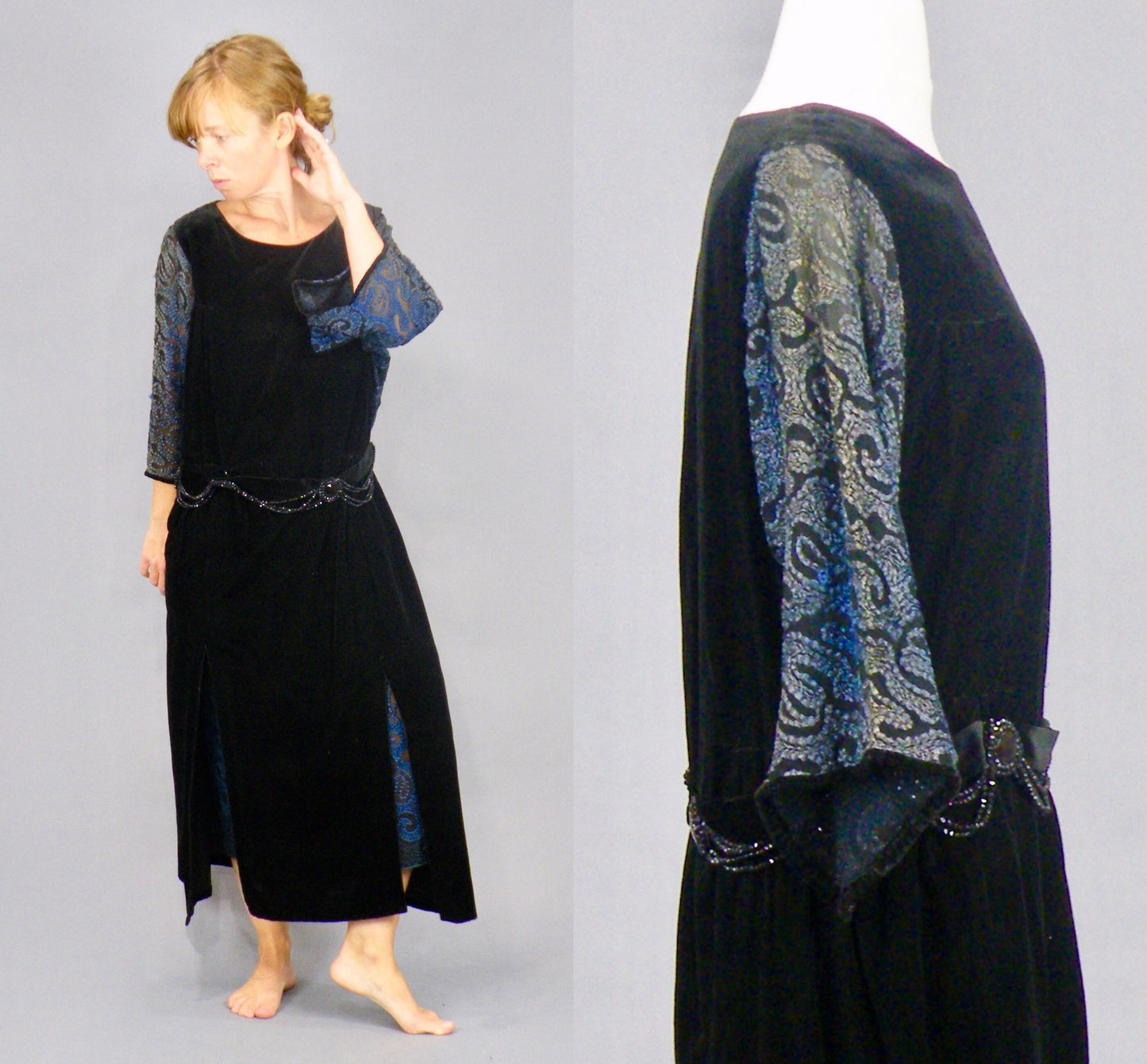 Antique Late 1910s–1920s Velvet Embroidered Flapper Dress with Sheer Sleeves, S–M