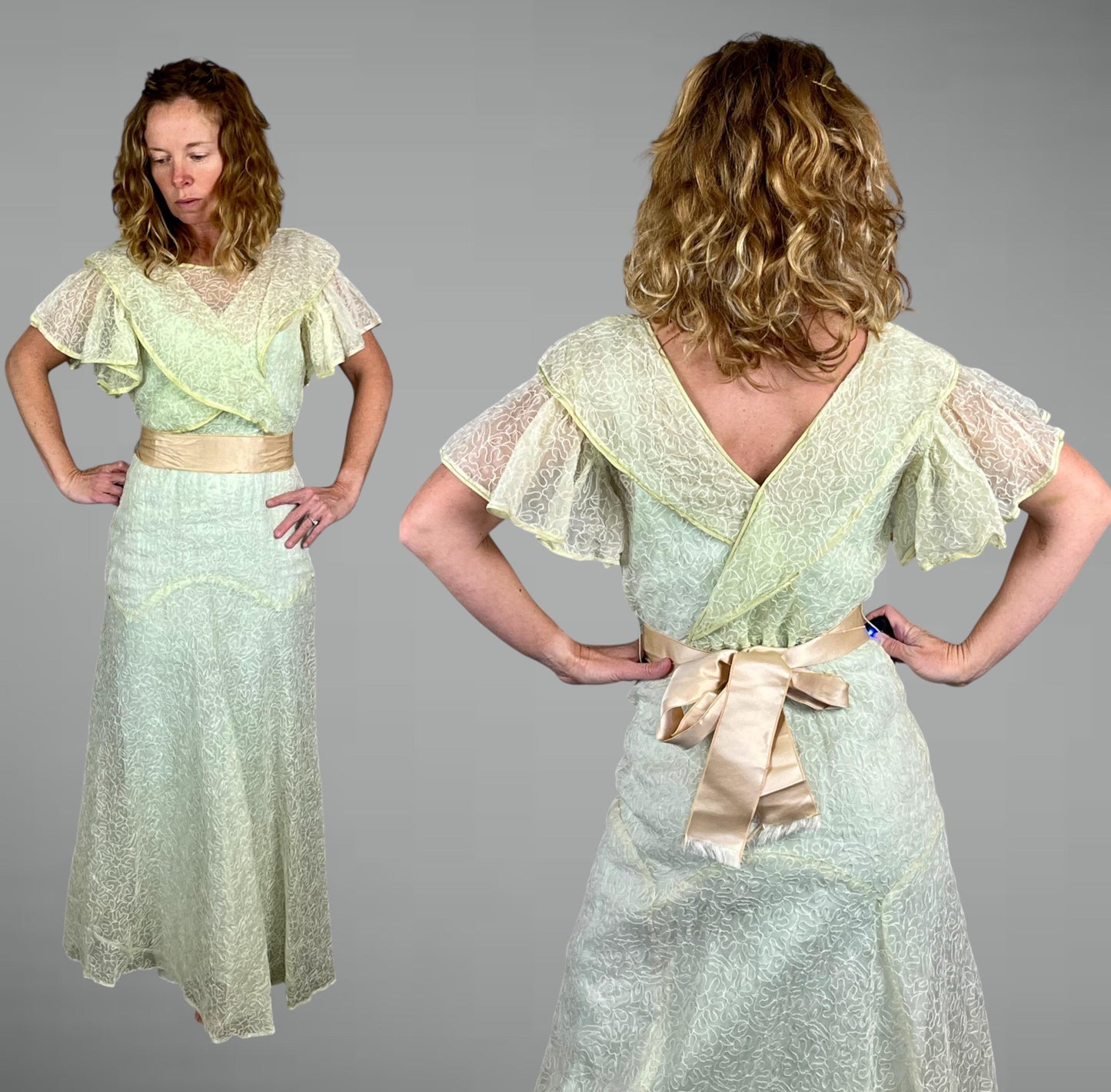 Vintage 1930s Sheer Green Organdy Gown, Embroidered Flutter Sleeve Art Deco Bias-Cut Dress, S / S-M