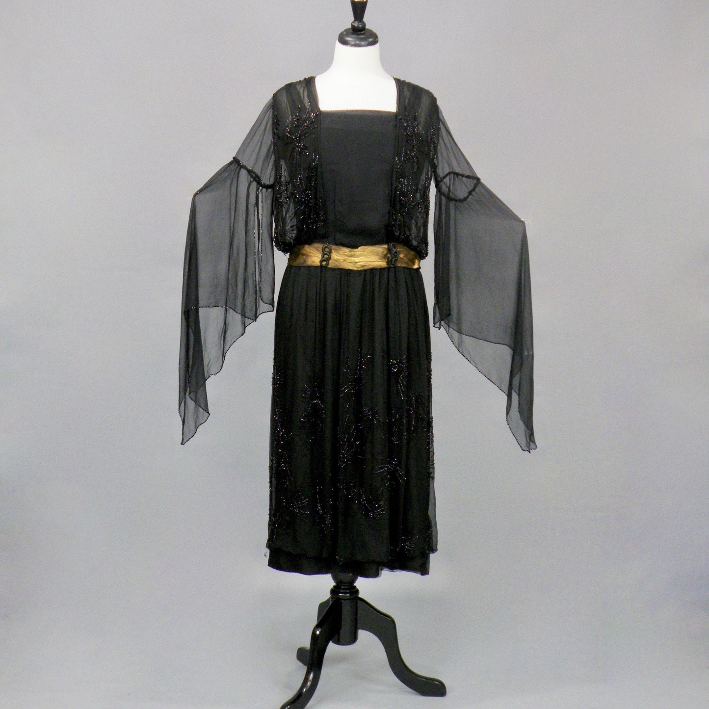 Antique Late 1910s–1920s Beaded Flapper Dress with Angel Wing Sleeves, B. Altman Black & Gold Lamé Jazz Age Gown, S–S/M