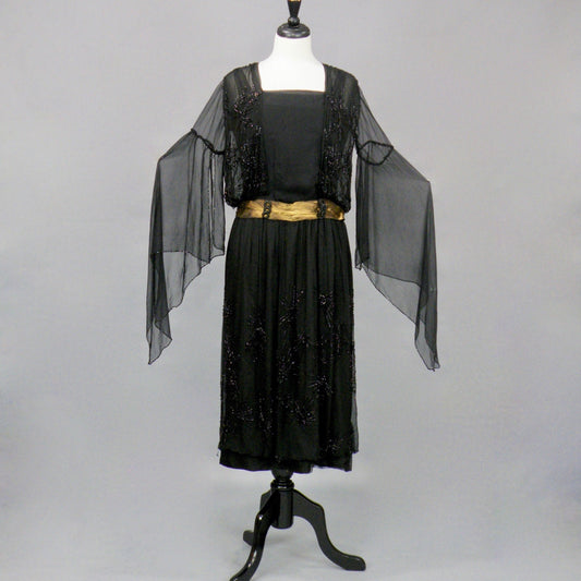 Antique Late 1910s–1920s Beaded Flapper Dress with Angel Wing Sleeves, B. Altman Black & Gold Lamé Jazz Age Gown, S–S/M