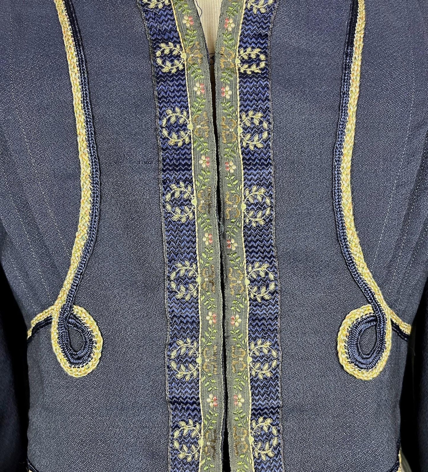 Antique Edwardian 1900s Embroidered Metallic Silk Ribbon Soutache Eton Jacket, Large