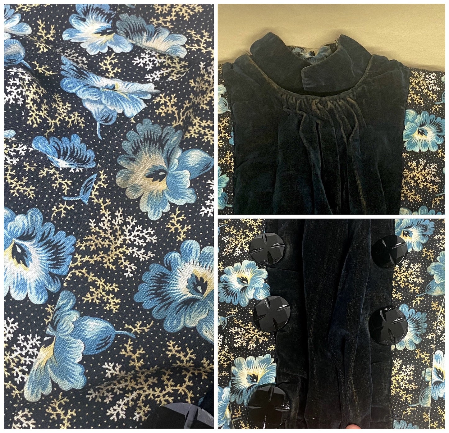 Antique 1890s–1900s Blue Floral Print Cotton Day Dress, Victorian Edwardian Gigot Sleeve Gown, XS