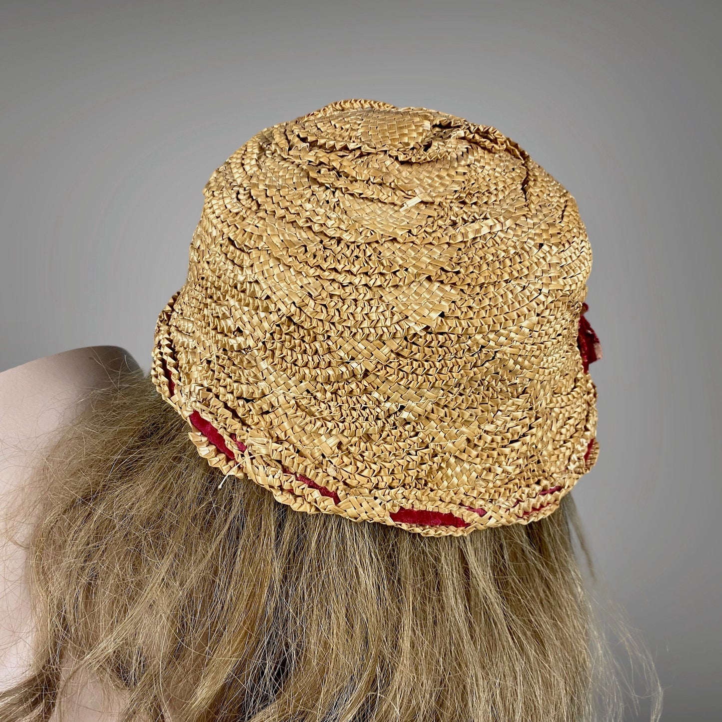 Vintage 1930s Straw Cloche Bucket Hat with Red Velvet Trim