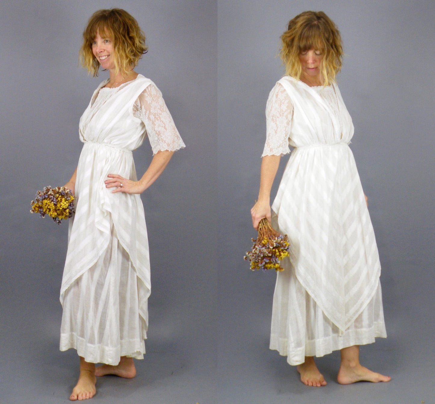Antique 1900s Edwardian Tea Dress in Striped White Cotton with Lace, XS