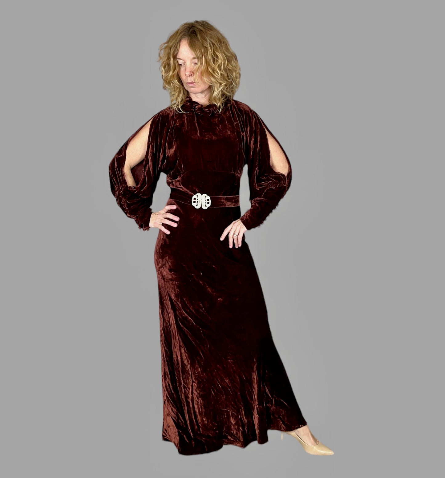 1930s Silk Velvet Dress, Vintage Copper Brown Bias Cut Gown with Cold Shoulders, NRA Label, XS–Small