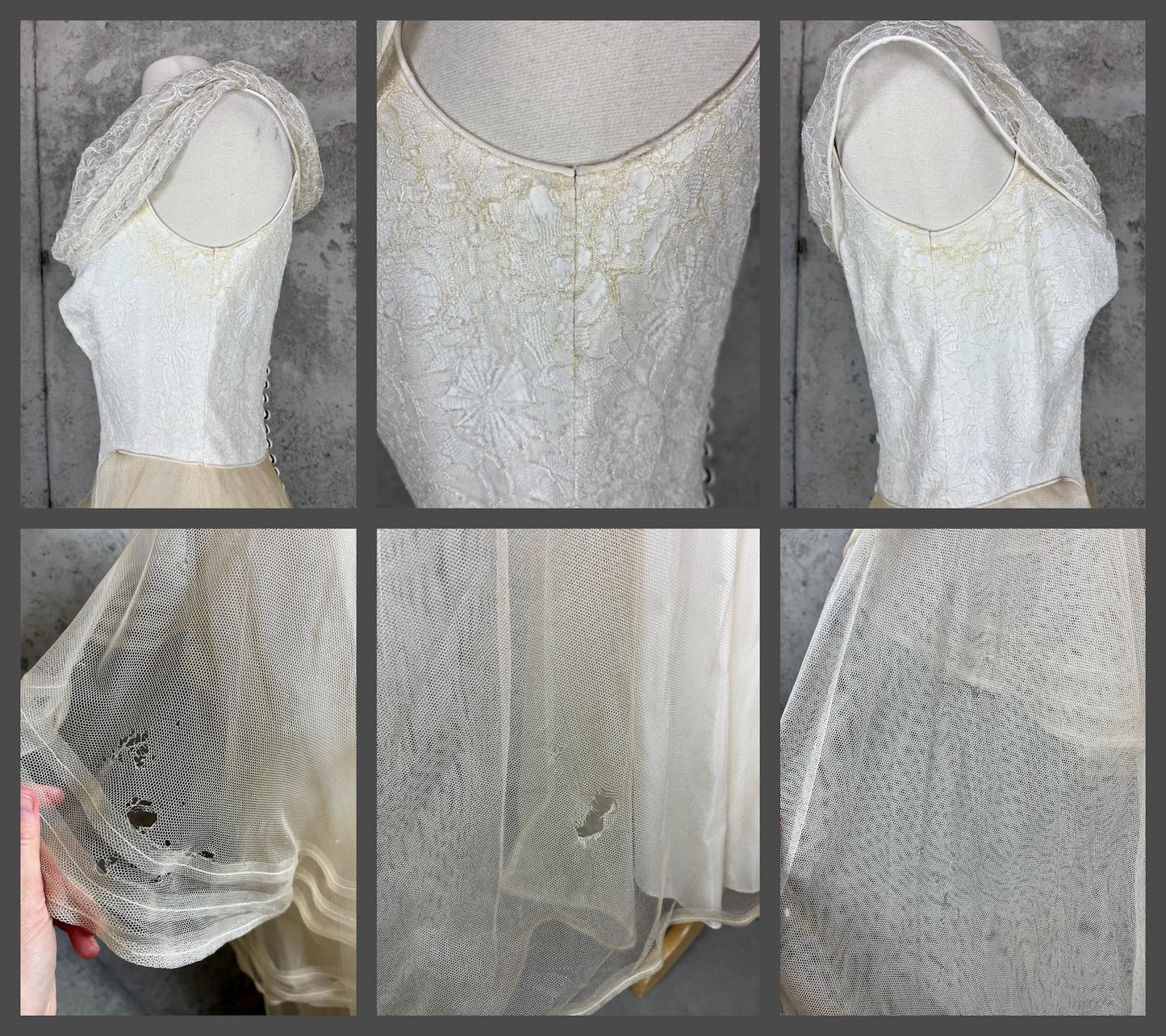 Vintage Late 1930s–1940s Wedding Dress, Satin & Net Lace Bridal Gown with Off-Shoulder Collar, Small