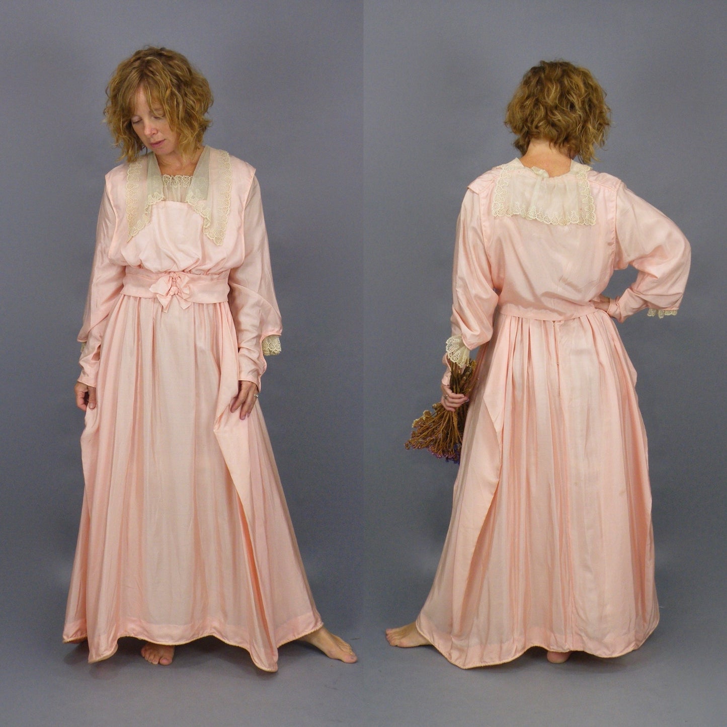 Antique Edwardian 1900s Pink Silk Dress with Lace Trim, Dagger Collar & Bishop Sleeves, XS