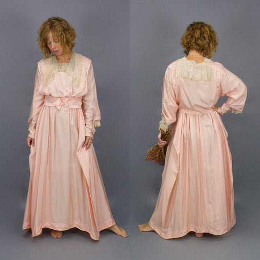 Antique Edwardian 1900s Pink Silk Dress with Lace Trim, Dagger Collar & Bishop Sleeves, XS