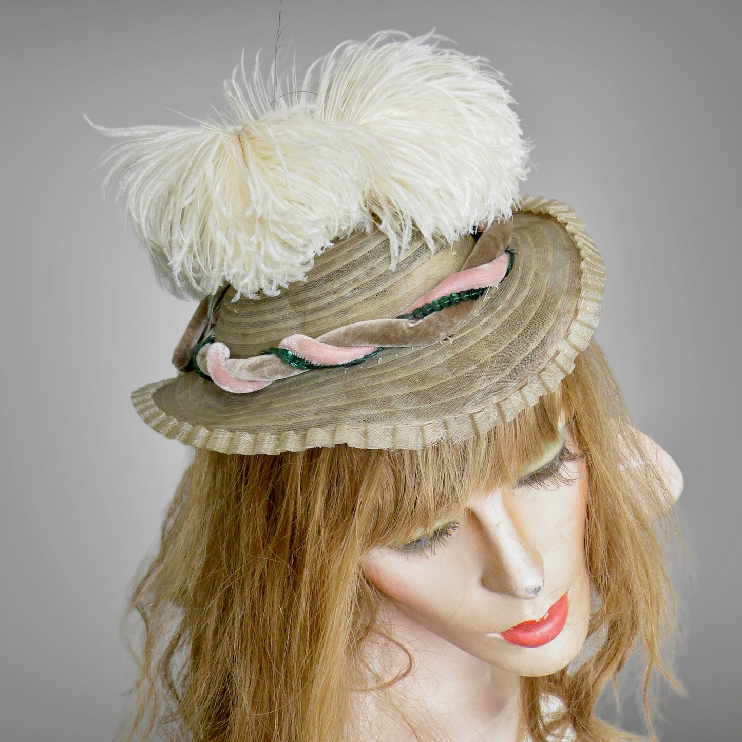 Vintage 1940s Ostrich Feather Fascinator Hat with Sequins & Velvet Trim, 40s Mini Perch Hat