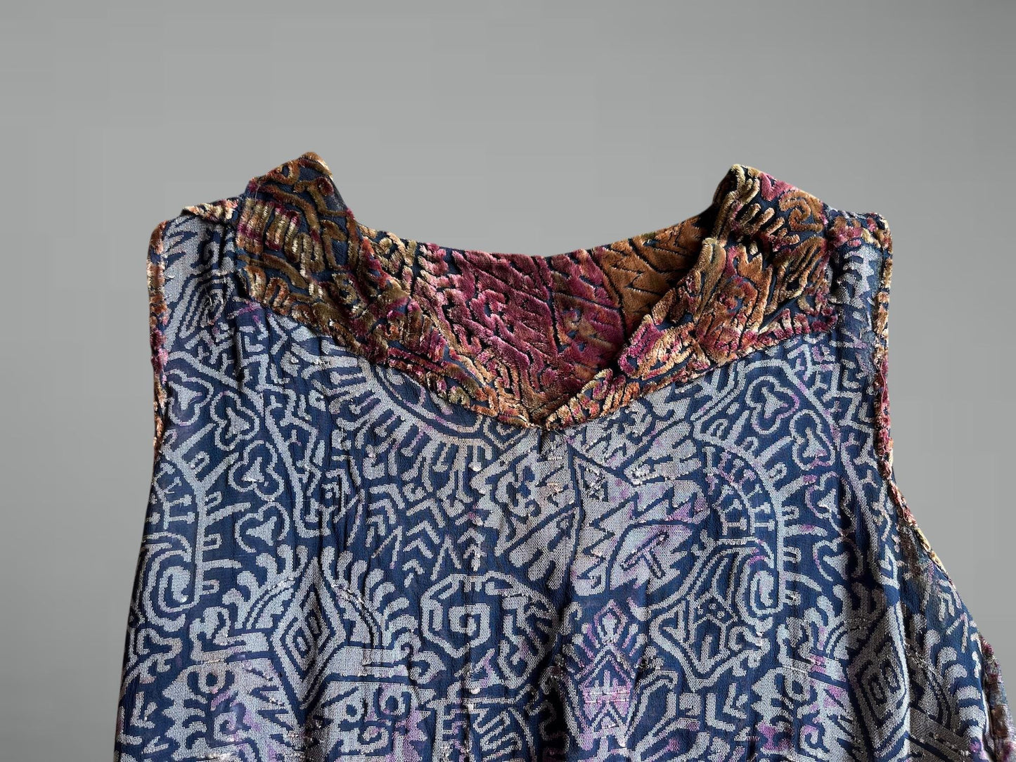 Vintage 1920s Devoré Burnout Silk Velvet Flapper Dress, Plum Gold & Olive, S