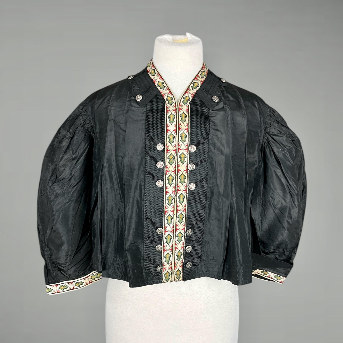 Antique 1900s Edwardian Black Silk Eton Jacket with Embroidered Trim, Folk-Influenced Historic Costume, M–L