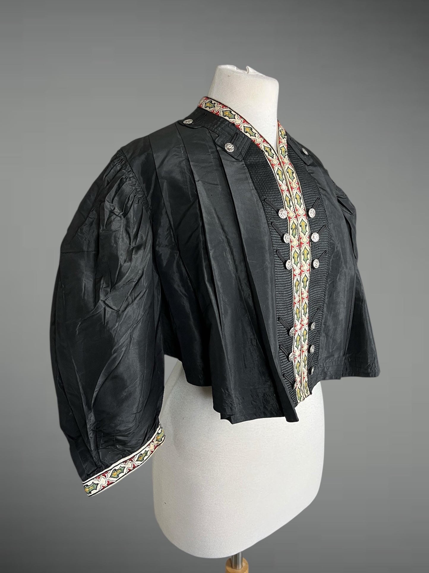 Antique 1900s Edwardian Black Silk Eton Jacket with Embroidered Trim, Folk-Influenced Historic Costume, M–L