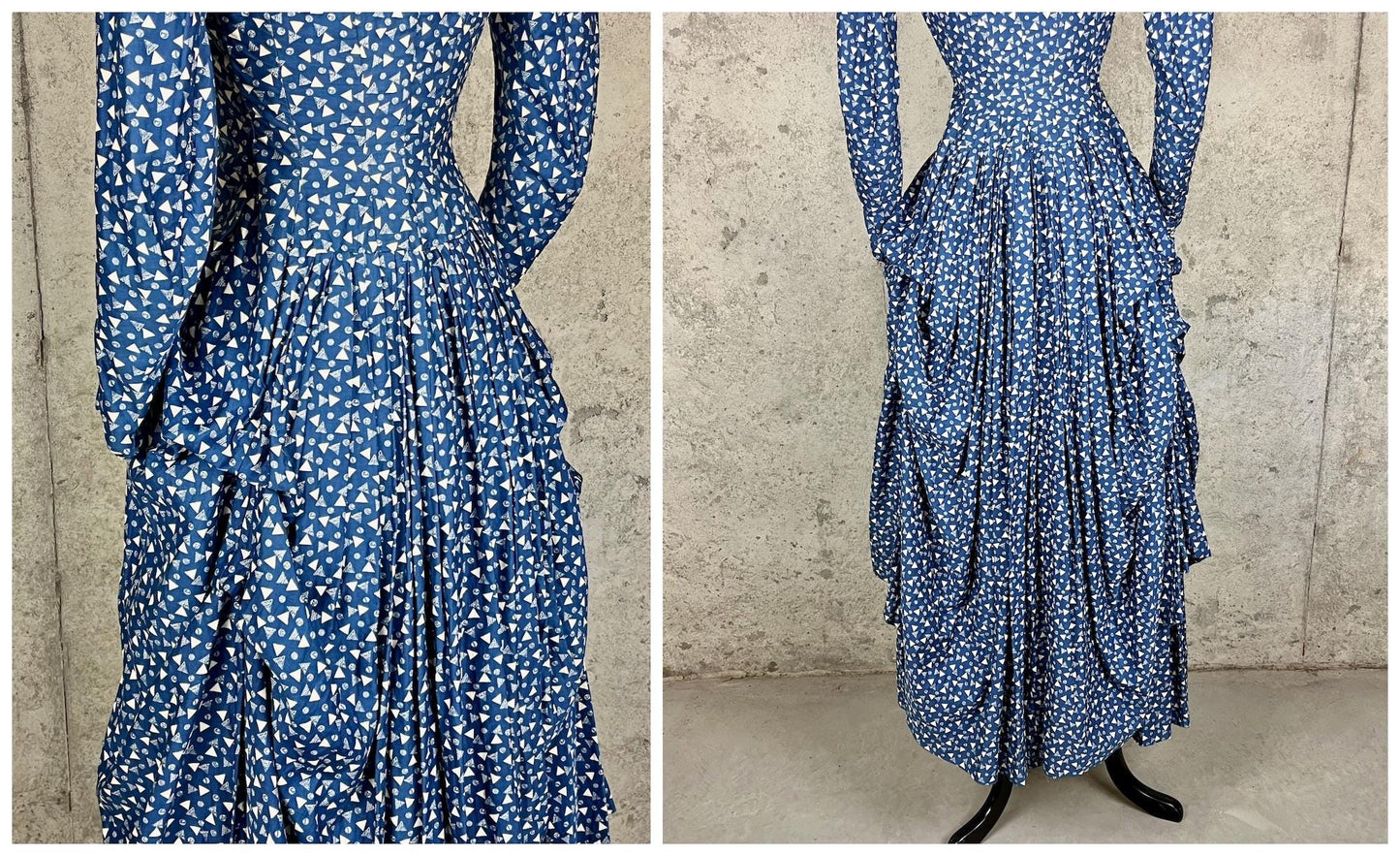 Rare Antique Victorian Polonaise Dress, 1870s–1880s Indigo Printed Cotton Two-Piece Ensemble, XXS