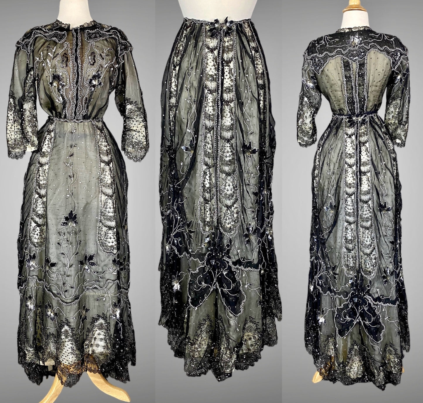 Antique Edwardian Early 1900s Sequined Silk Chantilly Lace Dress, Trained Skirt, Small