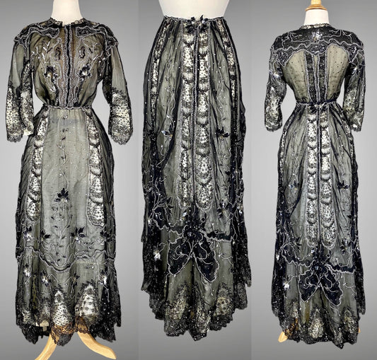 Antique Edwardian Early 1900s Sequined Silk Chantilly Lace Dress, Trained Skirt, Small